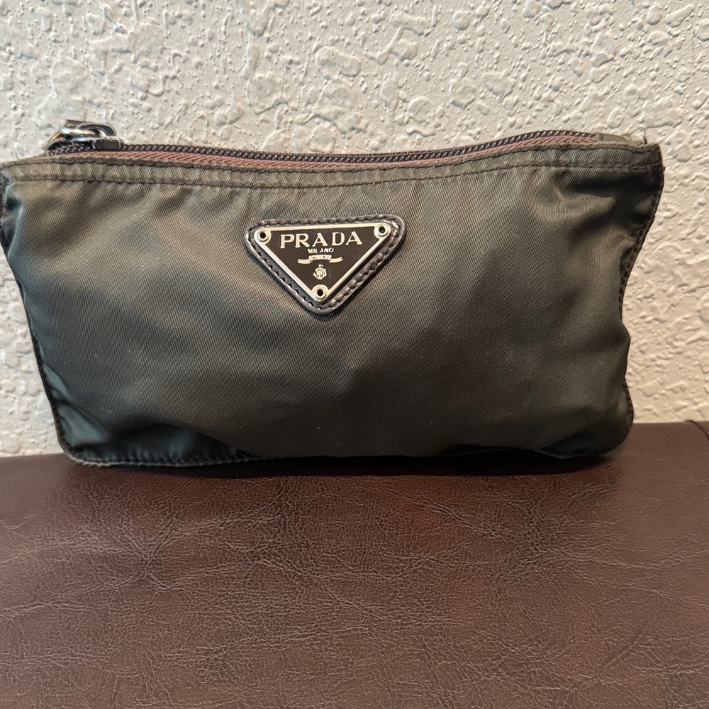 Prada Olive Nylon Zip Pouch with Triangle Logo